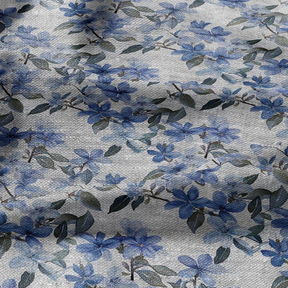100% LINEN Fabric floral blue blossom print on oatmeal linen 2507