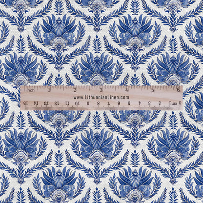 100% LINEN Fabric French blue block print on white linen 2510