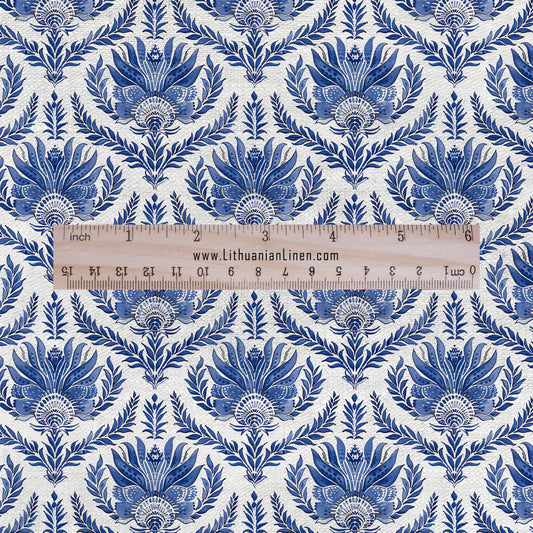 100% LINEN Fabric French blue block print on white linen 2510