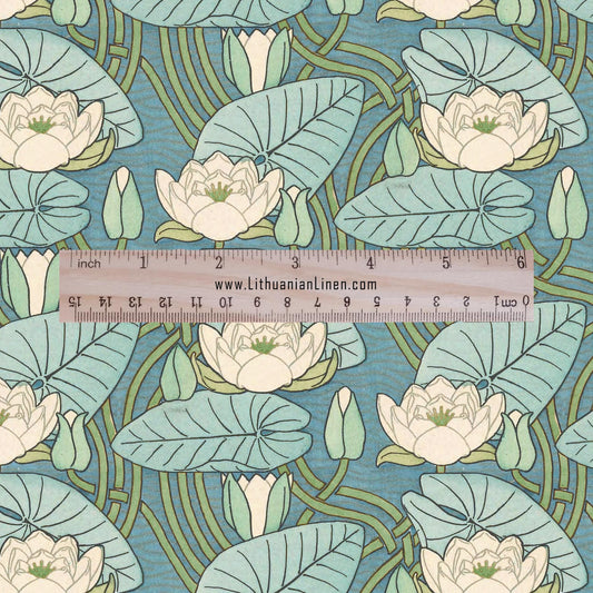 100% linen fabric Vintage Waterlily print - green floral 2468