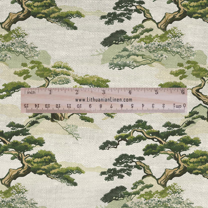 100% LINEN Fabric Japanese BONSAI print - Japan scenery 2265