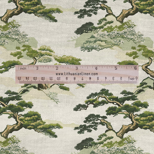 100% LINEN Fabric Japanese BONSAI print - Japan scenery 2265