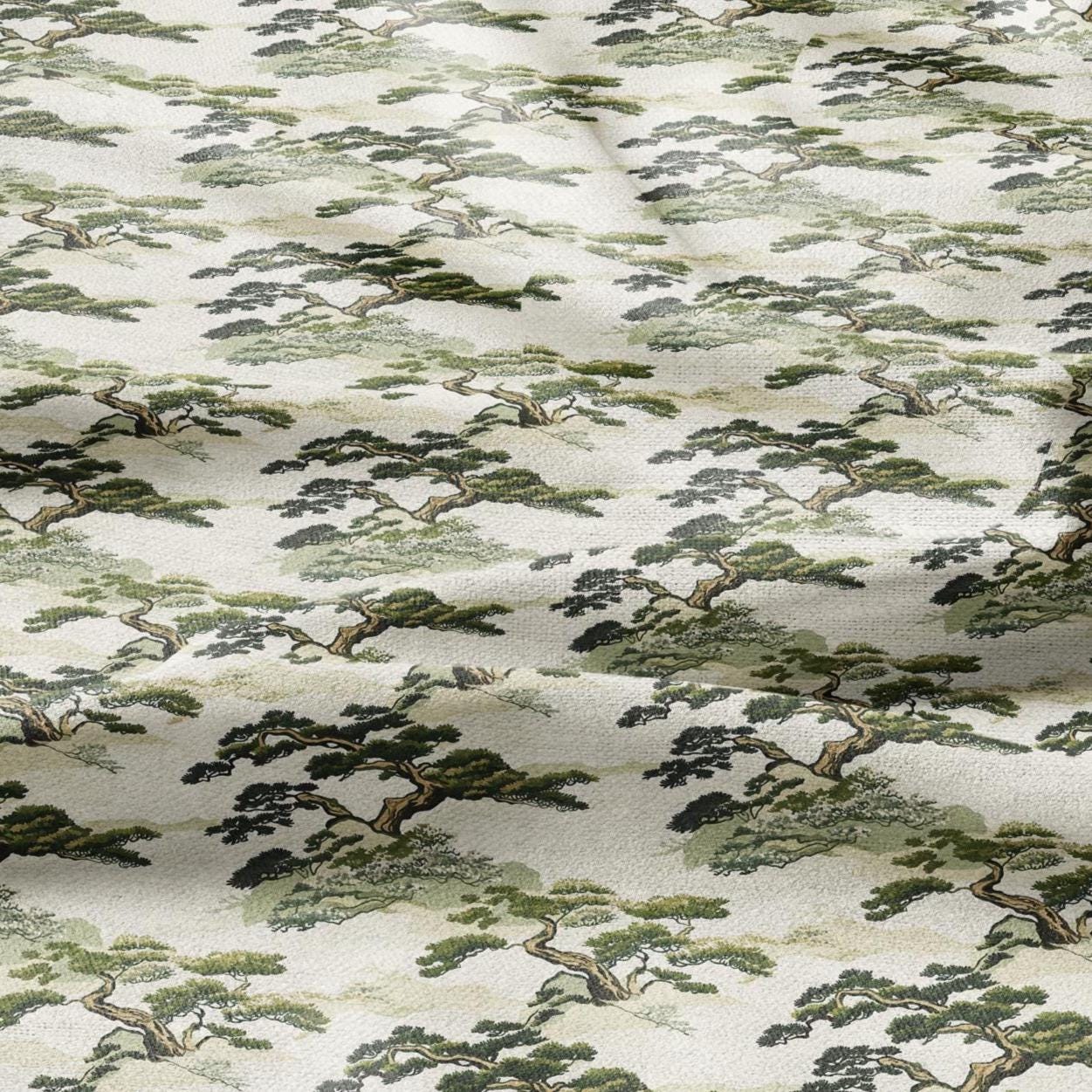 100% LINEN Fabric Japanese BONSAI print - Japan scenery 2265