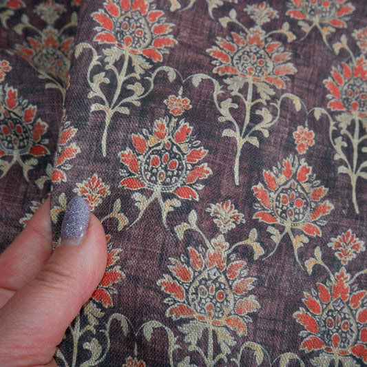 100% LINEN Fabric in floral block print - brown red 2348