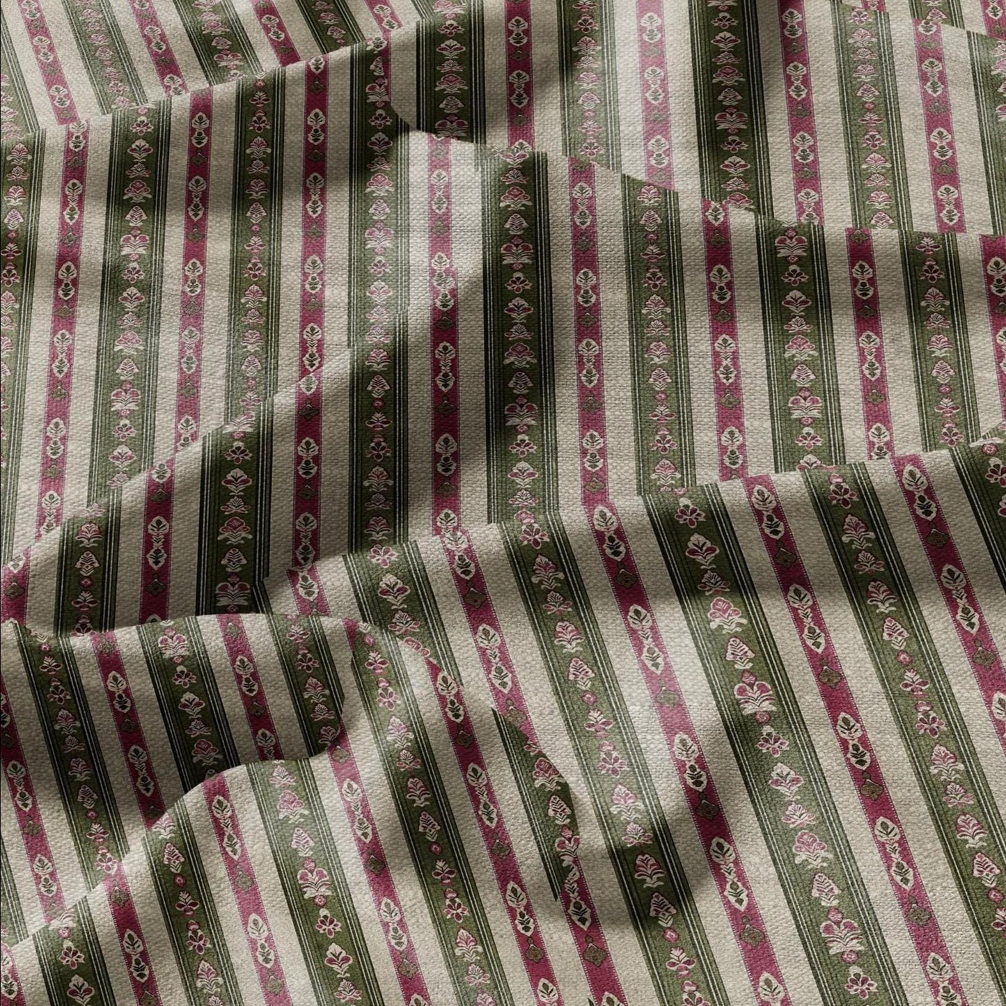 100% LINEN Fabric ethno stripe print - tribal green red 2501