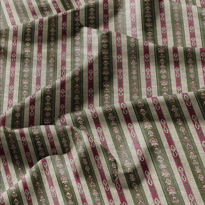 100% LINEN Fabric ethno stripe print - tribal green red 2501