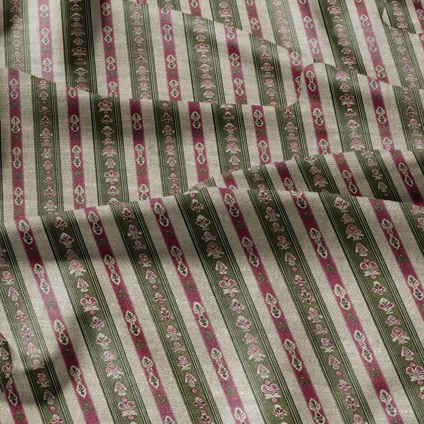 100% LINEN Fabric ethno stripe print - tribal green red 2501