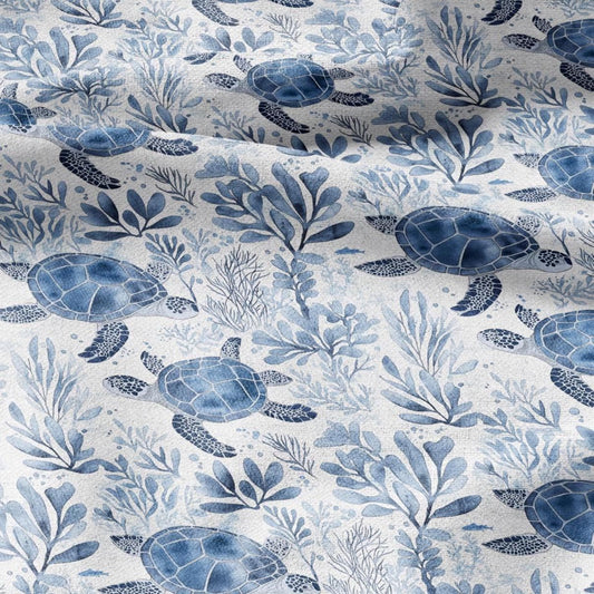 100% LINEN Fabric Toile de Jouy TURTLE in the see - Nautical 2270