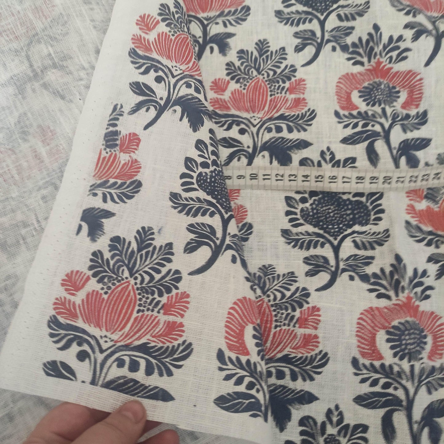 100% LINEN Fabric block print - navy blue & red on white 2414