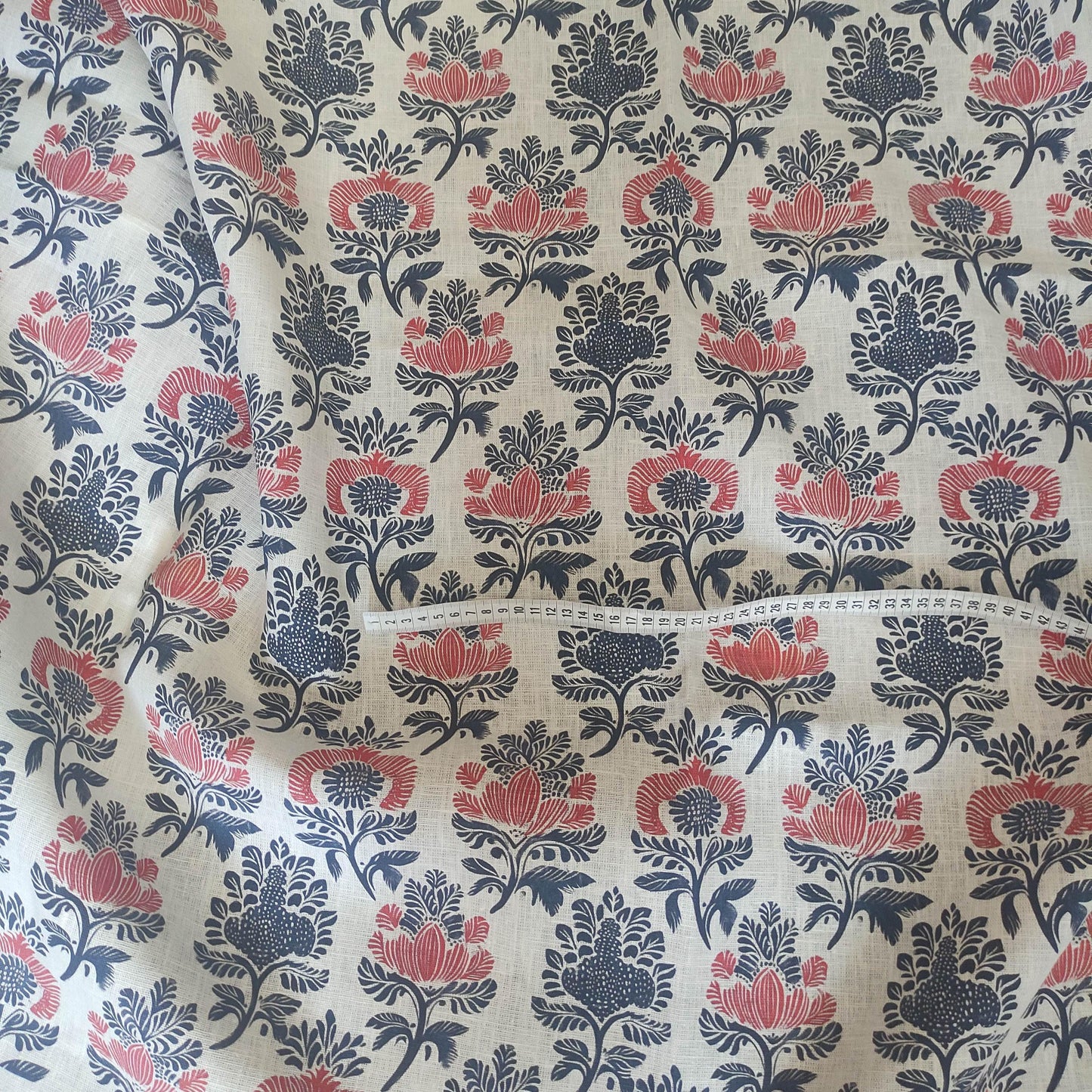 100% LINEN Fabric block print - navy blue & red on white 2414