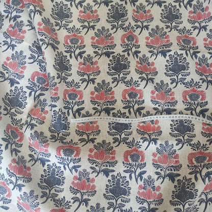 100% LINEN Fabric block print - navy blue & red on white 2414