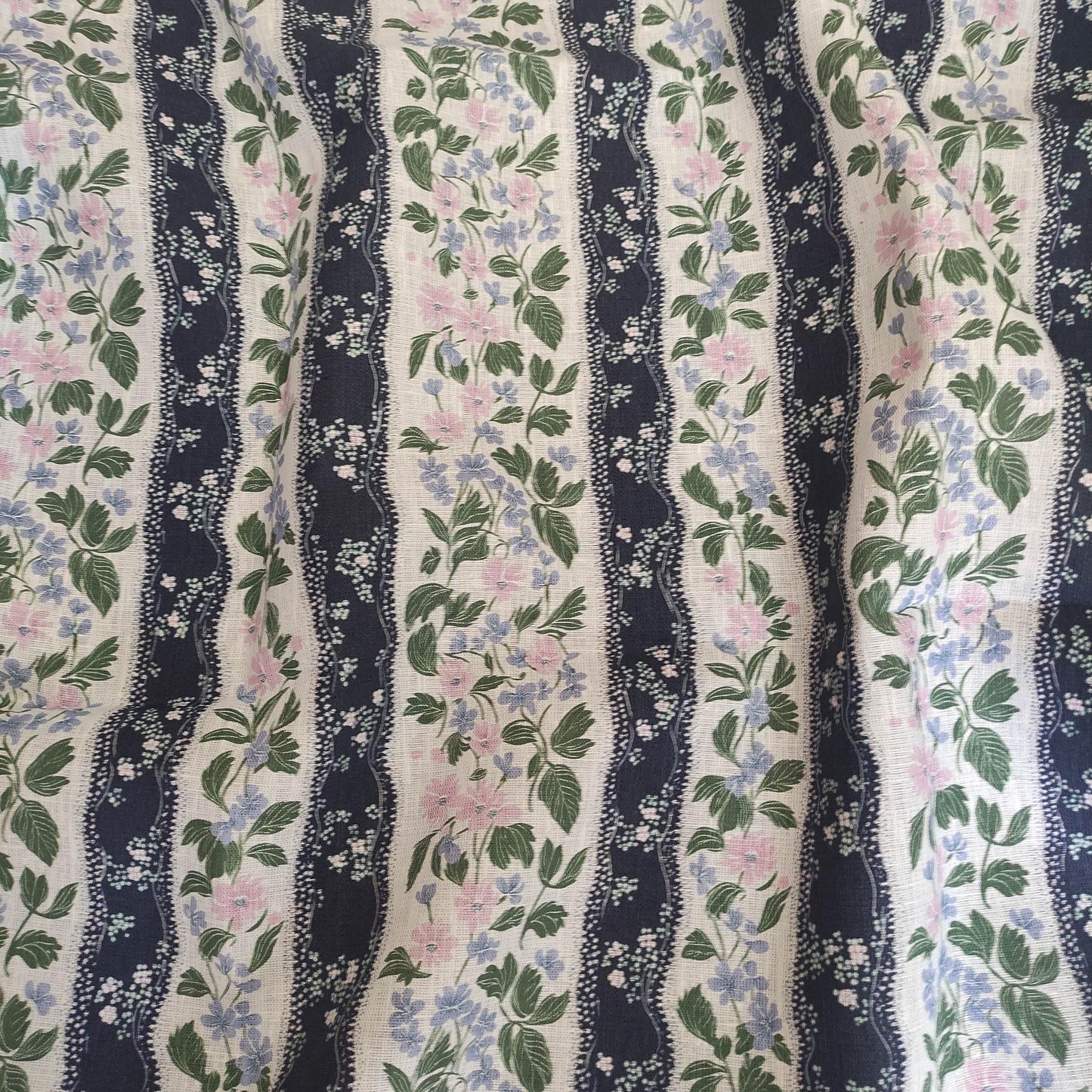 100% LINEN Fabric floral navy blue stripe print - 2202