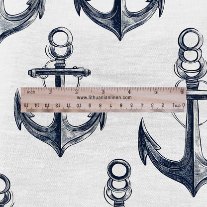 Anchor print on 100% LINEN fabric - white black 2292