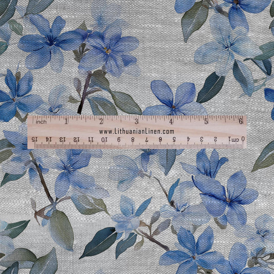100% LINEN Fabric floral blue blossom print on oatmeal linen 2507