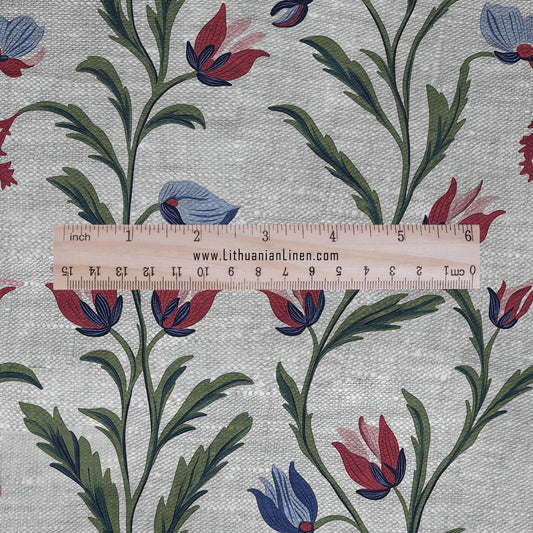 100% LINEN Fabric tulips blossom print on oatmeal linen - 2505