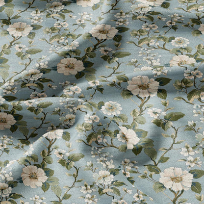 100% LINEN Fabric Apple Blossom print - blue white 2503