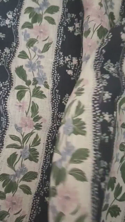 100% LINEN Fabric floral stripe print - mediterranean fabric print navy blue green pink Clematis - linen fabric upholstery dress making 2202