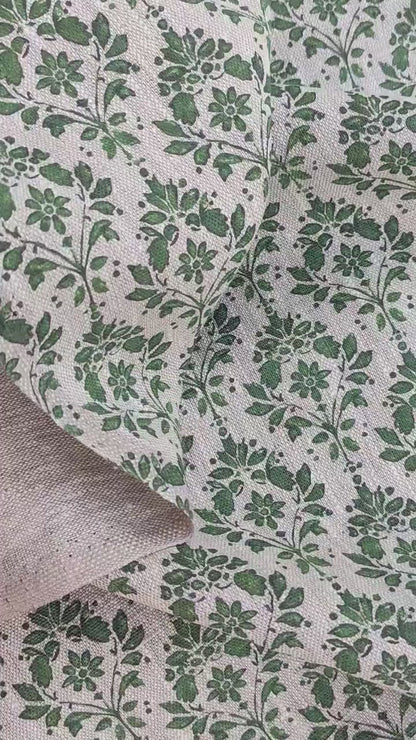 100% LINEN Fabric french green block print on oatmeal natur linen, upholstery linen fabric for home decor 340
