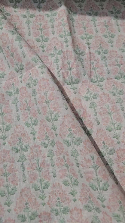 100% LINEN Fabric floral - Pastel Botanical block print fabric large flowers pink blue green for upholstery curtains home textile 2572