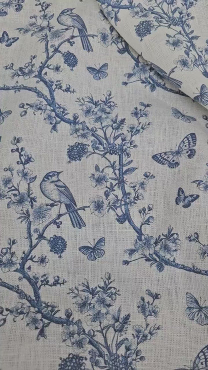 100% LINEN Fabric Toile de Jouy, white botanical fabric with blue indigo print, French linen floral Birds  and butterflies