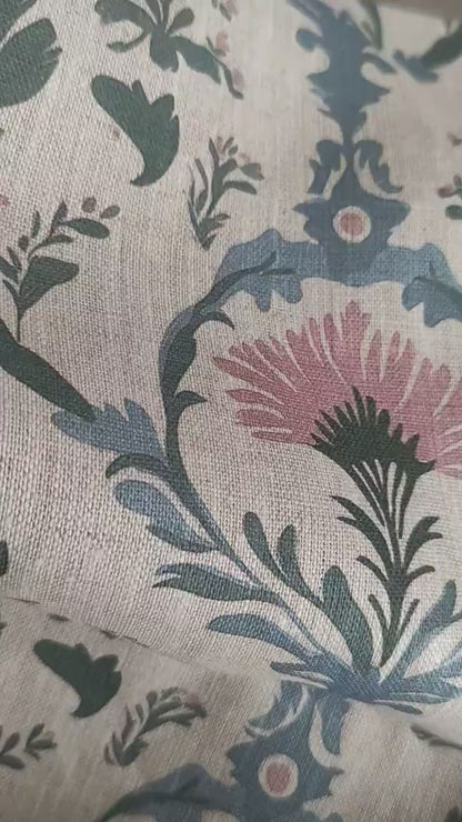 100% LINEN Fabric pink blue block print on oatmeal natur linen, floral toile de jouy fabric, French linen floral upholstery 2254
