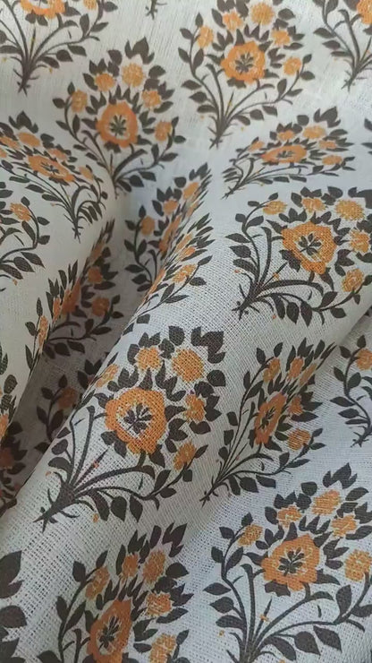 100% LINEN Fabric Floral block print mustard, heavy linen fabric with botanical print for upholstery home decor curtains cushions