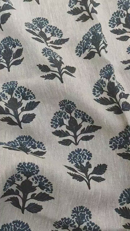 100% LINEN Fabric hand block print flowers - oatmeal linen fabric with blue green print Achillea - fabric for home decor upholstery