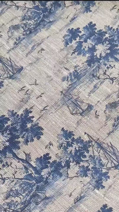 100% LINEN Fabric Toile de Jouy with air Balloon, oatmeal natur linen fabric with blue indigo  print, coastal French linen fabric upholstery