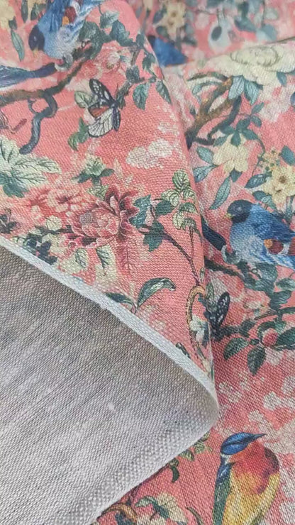 100% LINEN Fabric Toile de Jouy with flowers and birds, pink botanical print linen fabric for home decor upholstery