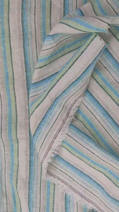 Premium Linen Fabric Santorini striped green | Midweight multicolor stripes green white | fabric for home textile curtains tablecloth T155
