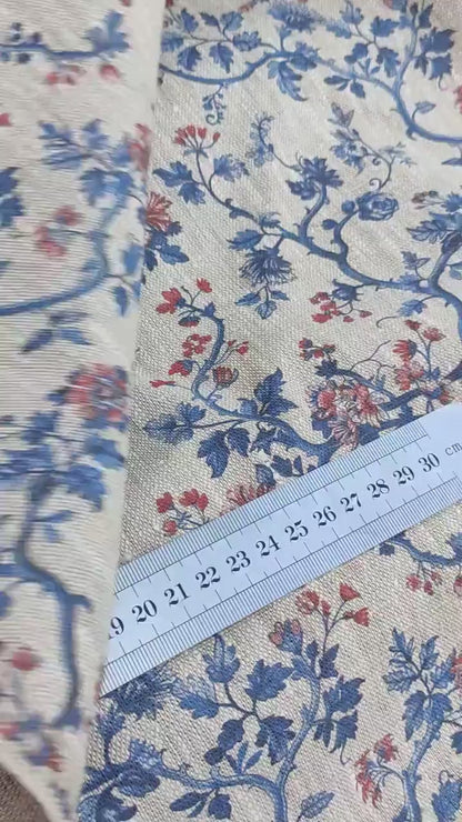 100% LINEN Fabric Toile de Jouy , white botanical fabric with blue indigo red print, French linen floral blossom 326