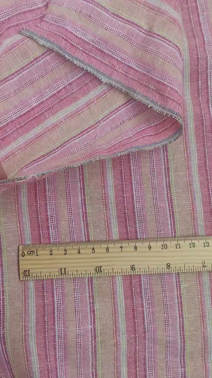 Premium Linen Santorini striped Fabric in red pink white | Medium weight multicolor stripes in red T138
