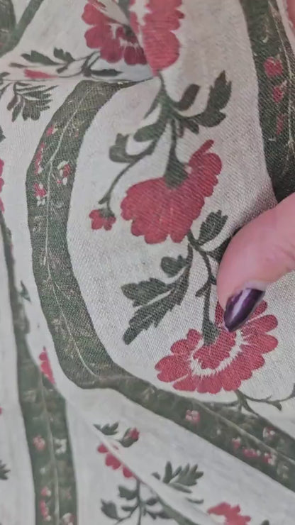 100% LINEN Fabric floral stripe block print on oatmeal linen - green red gray heavy fabric for upholstery - medium weight linen dress making