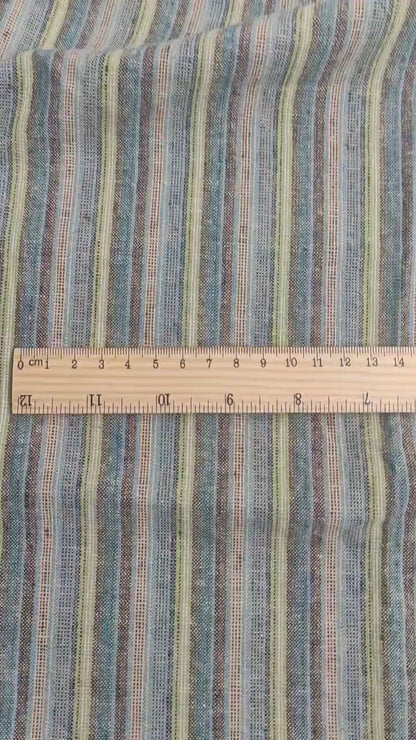 Premium Linen Santorini striped Fabric in blue green | Medium weight multicolor stripes in blue green navy  | button up shirting fabric T143