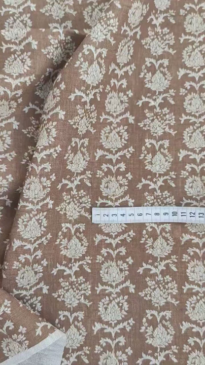 100% linen beige Block prints fabric for Curtain Upholstery Cushion Viburnum- Art deco flower print fabric for dress making sewing