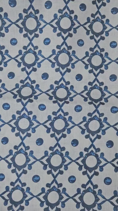 100% LINEN Fabric block print indigo blue on white - linen fabric with blue floral print  heavy linen fabric for upholstery home decor
