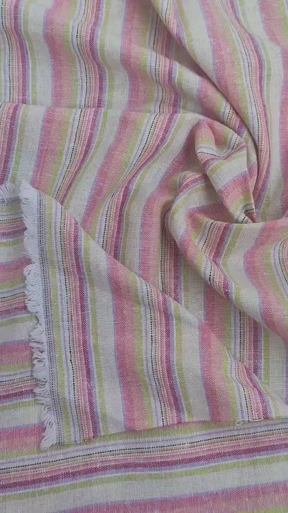 Premium Linen Fabric Santorini striped pink | Midweight multicolor stripes  | fabric for home textile curtains tablecloth T132