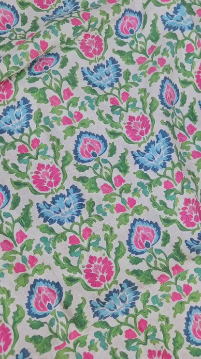 100% LINEN Fabric floral print on linen - Bright Botanical fabric large flowers pink blue green for upholstery curtains home textile 2646B