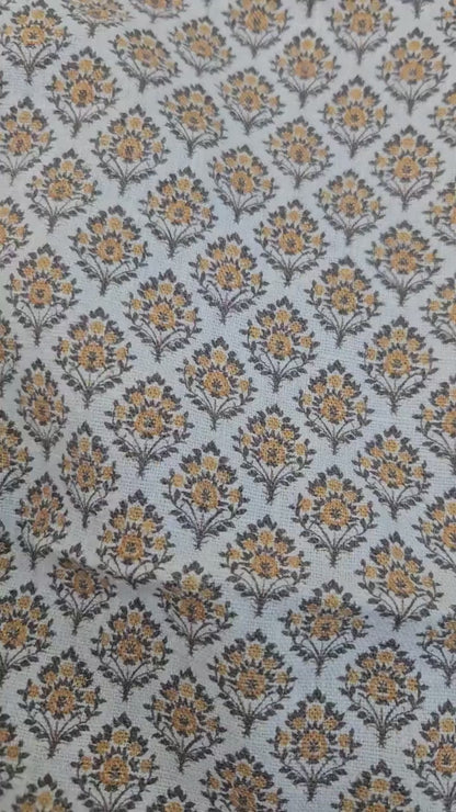 100% LINEN Fabric block print mustard brown yellow on white - heavy linen fabric upholstery home decor or medium for clothing 2513 Vadodara