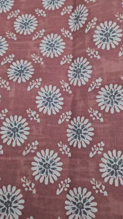 100% LINEN Fabric floral print - muddy brown white stripe block print linen heavy for upholstery home decor - medium for dress making 2808