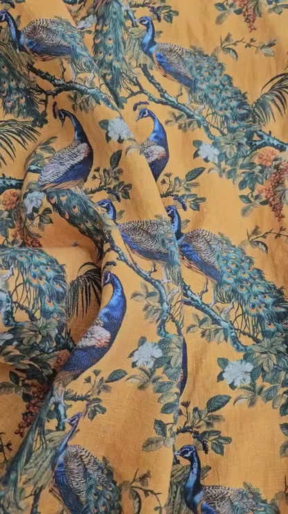 100% LINEN Fabric oriental print with peacock - toile de jouy botanical mustard yellow - upholstery home decor clothing  sewing 316