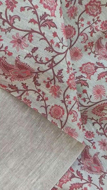 100% LINEN Fabric Toile de Jouy Paisley flowers, oatmeal natur linen fabric with red print, French linen fabric upholstery