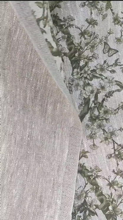 100% LINEN Fabric Toile de Jouy green, oatmeal natur linen fabric with green print, French linen fabric upholstery trees branches with birds
