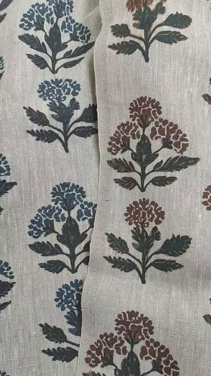 100% LINEN Fabric hand block print flowers - oatmeal linen fabric with black brown print Achillea - fabric for home decor upholstery