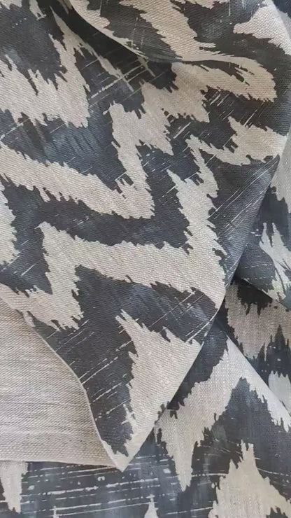 100% LINEN Fabric Abstract zigag WabiSabi , dark blue print on natural linen japandi wabi sabi linen print