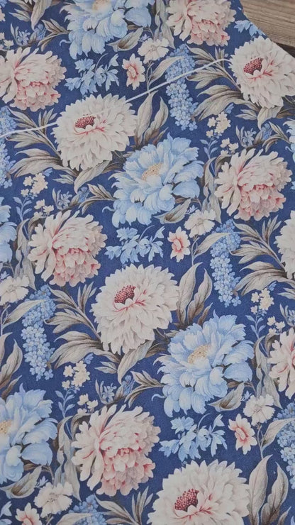 100% LINEN Fabric blue floral DAHLIAS, white blue botanical fabric with floral print, indian block print on linen linen 2578