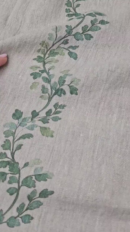 100% LINEN Fabric Striped floral print - block print green leaves on oatmeal linen for upholstery curtains dress making 2668