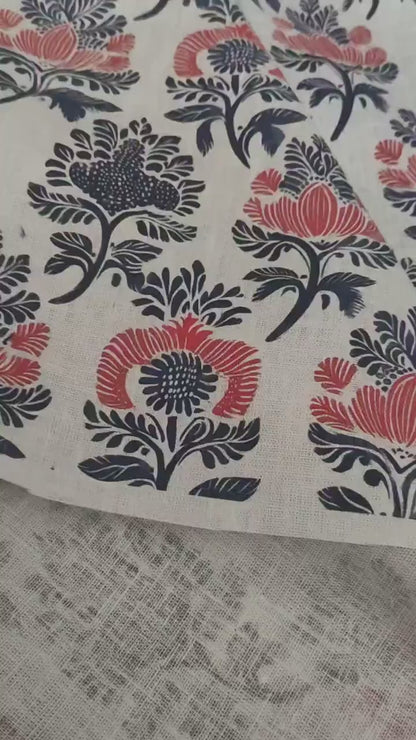 100% LINEN Fabric block print - linen fabric with blue red white floral print Brunkula - heavy linen fabric for upholstery home decor