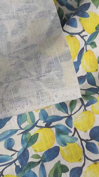 100% LINEN Fabric lemons print, oatmeal natur linen with Italian citrus print, linen fabric home decor upholstery with Italian lemon print