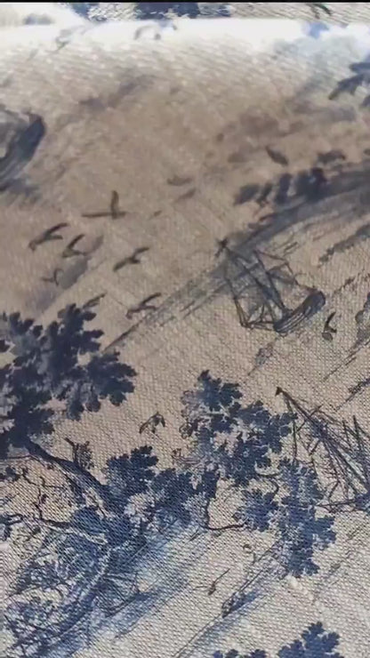 100% LINEN Fabric Toile de Jouy with ship and island print, oatmeal natur linen  with blue indigo coastal print, linen fabric home decor